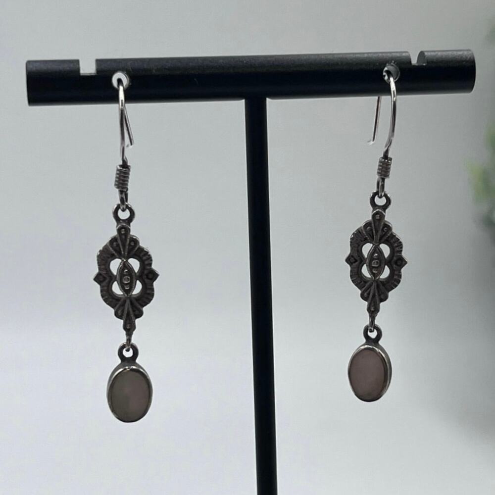 Boma Signed Sterling Silver Pink Mother of Pearl‎ Filigree Dangle Earrings